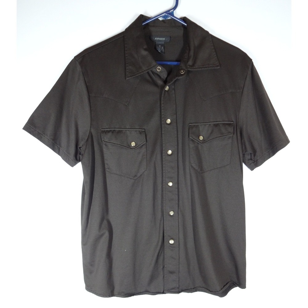 Express Button Down Shirt Mens Medium Black Western Snap Short Sleeve Cotton